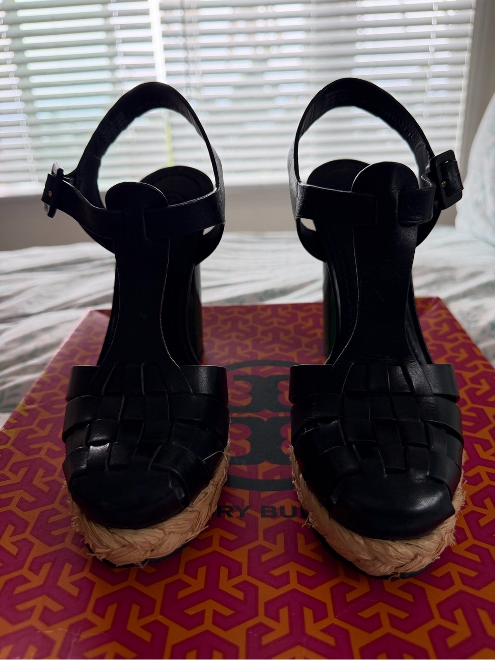 Tory Burch Black T-strap Platform Sandal with Green Block Heel